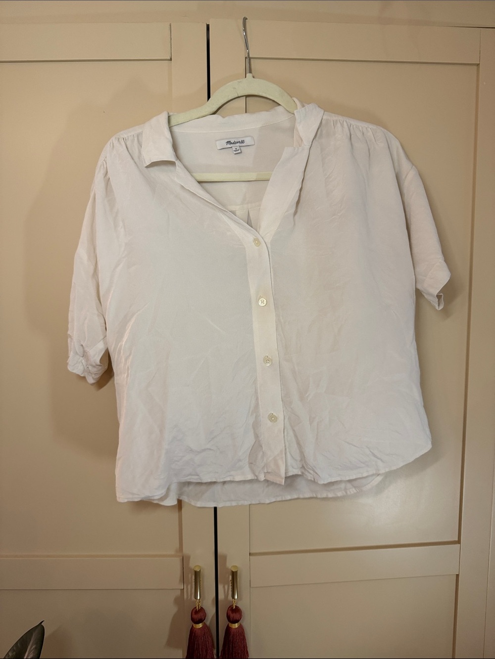 Madewell White Short-Sleeve Silky Button Front Top